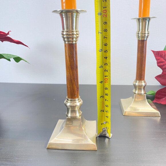 Set of 2 Candlestick Holders, Brass and Wood, Taper Candle Holder with Candles, - Picture 7 of 10